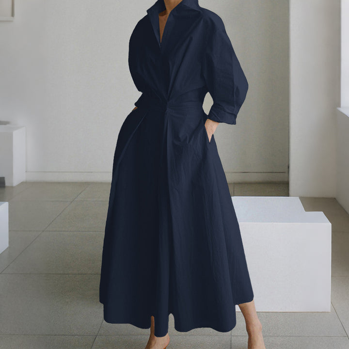 Damen tailliertes Hemdblusenkleid mit kastigem Kragen, mittellangen Ärmeln, Seitentaschen und ausgestelltem Tellerrock – Lunéa