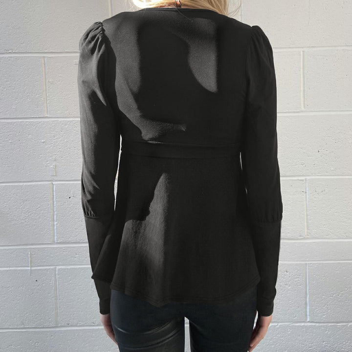 Damen Tailliertes Peplum-Top mit V-Ausschnitt, Knotendetail und Puffärmeln – Orélia