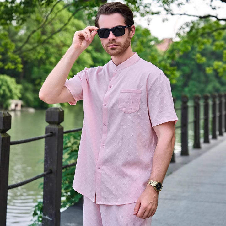 Herren Kurzarmhemd mit eleganten Strukturen und modernem Stehkragen Echoarchiv