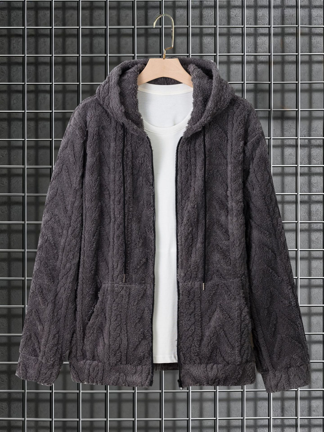 Herren kuschelige Kapuzenjacke aus Teddyfleece mit durchgehendem Reißverschluss und Kängurutaschen – Cavarno