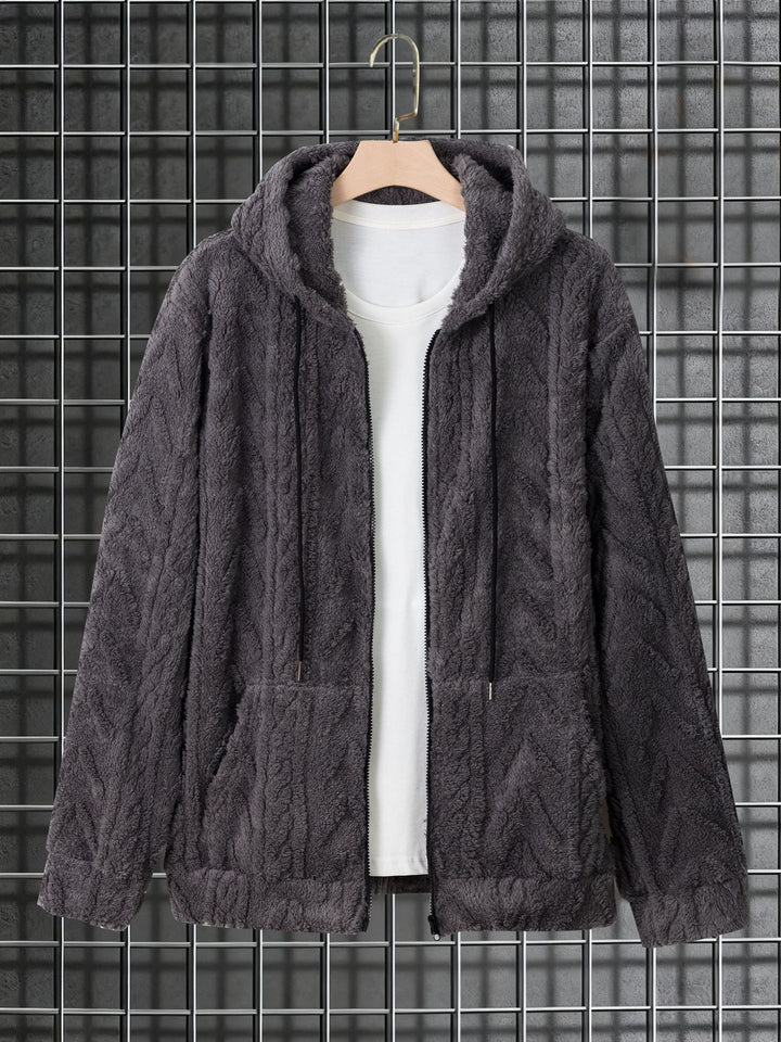 Herren kuschelige Kapuzenjacke aus Teddyfleece mit durchgehendem Reißverschluss und Kängurutaschen – Cavarno