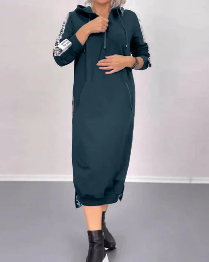 Damen nan knöchellanges Kapuzen-Sweatkleid mit Halbzip, Kängurutaschen und seitlicher Zierpaspel Echo Archiv