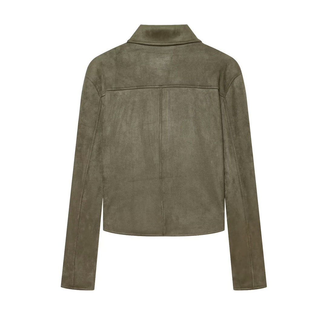 Damen Kurz geschnittener Velourslederblouson mit Hemdkragen und aufgesetzten Pattentaschen Echo Archiv
