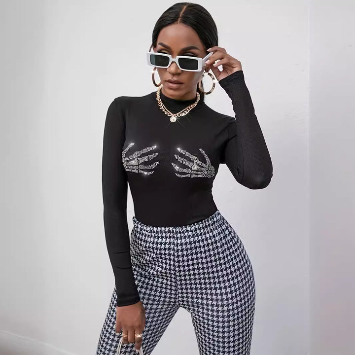 Damen nan figurbetontes transparentes Netz-Langarmshirt mit hohem Kragen und Strass-Skelettmotiv Echo Archiv