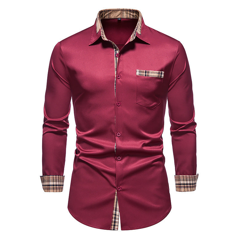 Herren Langarmhemd mit elegantem Satin-Finish und kariertem Kragen Echoarchiv