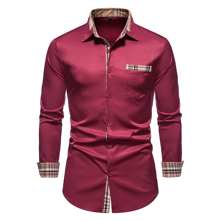 Herren Langarmhemd mit elegantem Satin-Finish und kariertem Kragen Echoarchiv