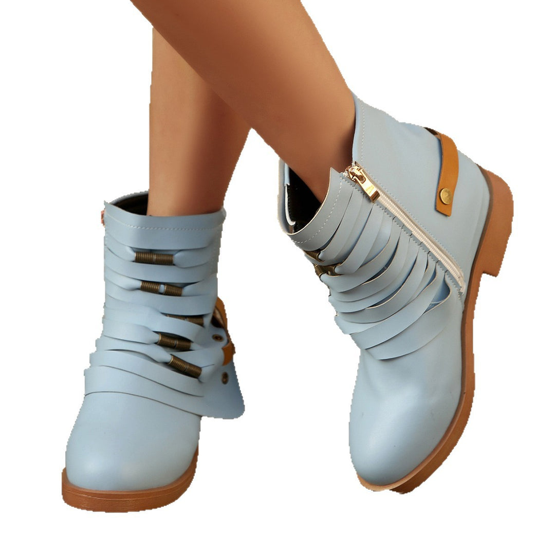 Damen Fransen-Ankle-Boots mit geschichteten Riemen und seitlichem Reißverschluss – Varelle