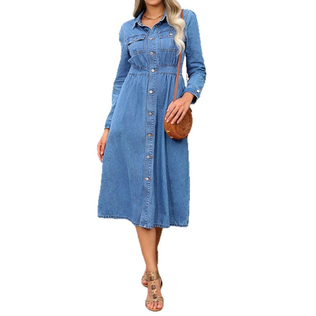 Damen Denim-Midikleid mit Knopfleiste, taillierter Passform und Brusttaschen Echo Archiv