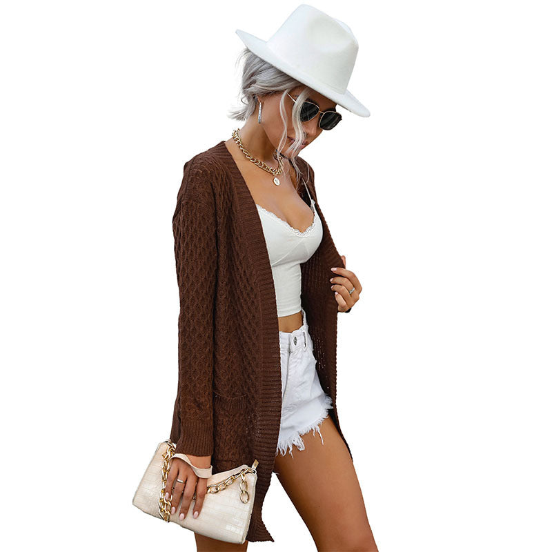Damen Lange Strickjacke mit Zopfmuster, Offener Front und aufgesetzten Taschen Echoarchiv