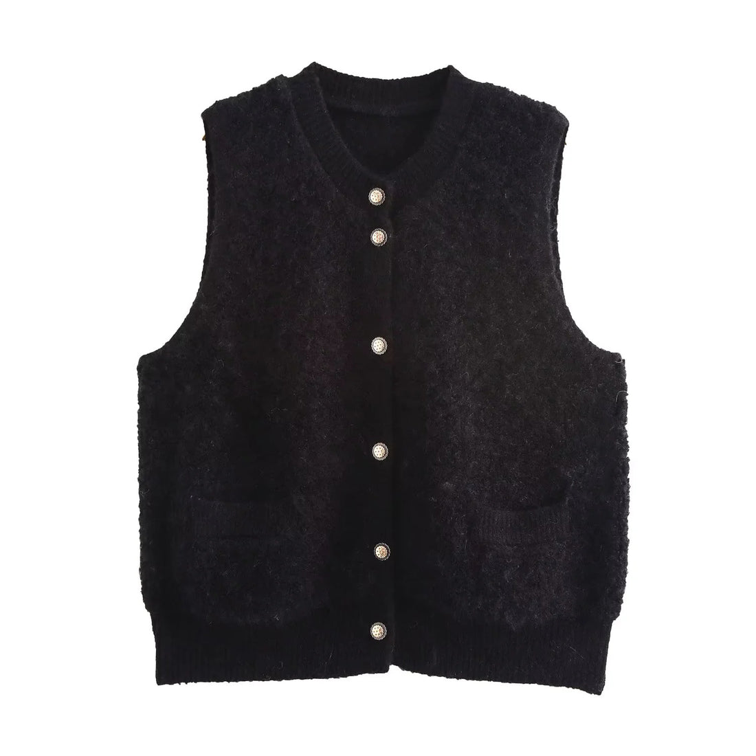 Damen Ärmellose Teddy‑Weste mit Knopfleiste und aufgesetzten Taschen Echoarchiv