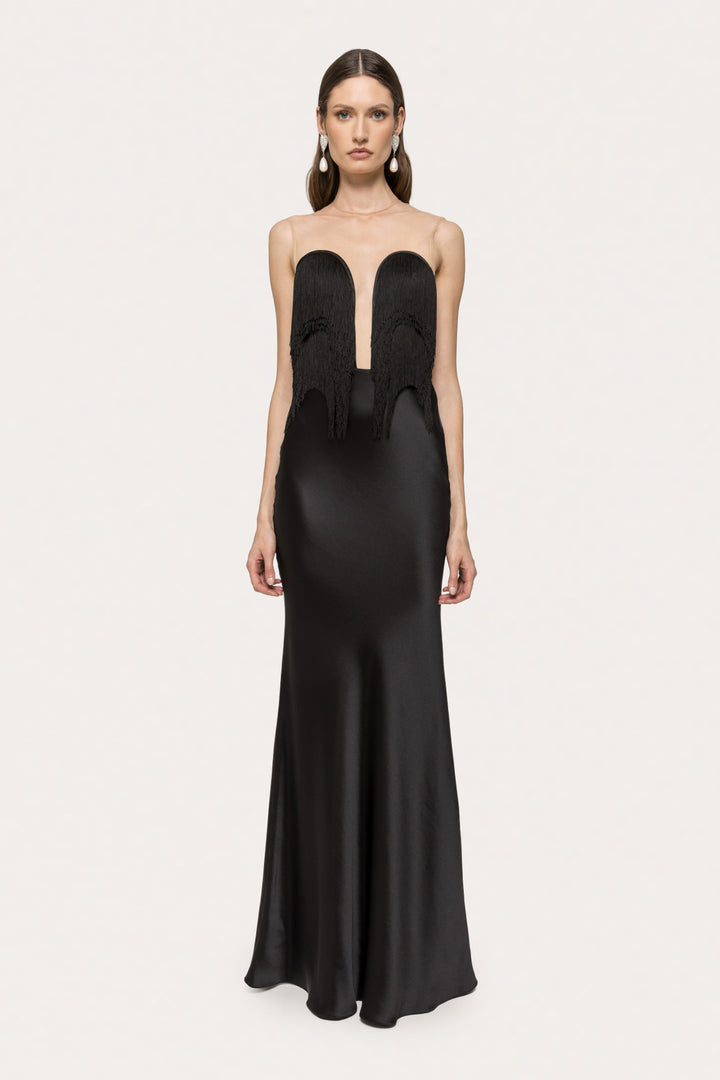 Damen Langärmliges Maxikleid mit tiefem V-Ausschnitt und fransierten Details Echo Archiv