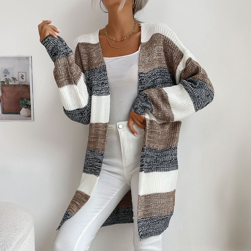 Damen Langer Oversize-Strickcardigan mit Blockstreifen und offener Front – Veloura