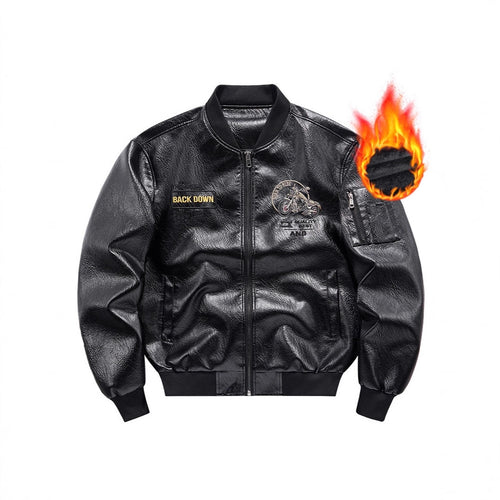 Herren Biker Lederimitat Bomberjacke mit Stickpatches und Ärmeltasche – Brevano