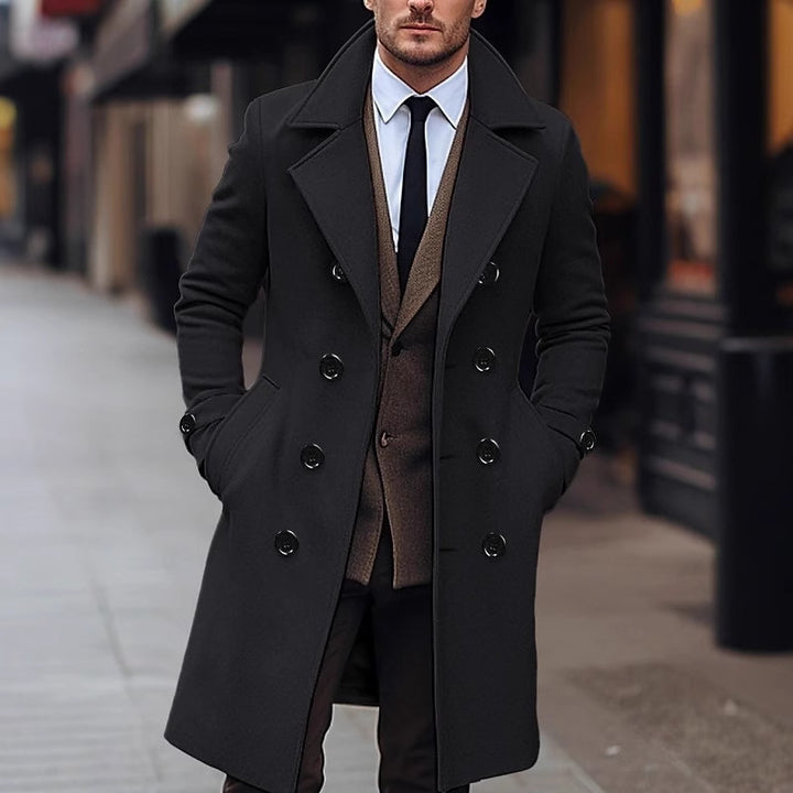 Herren nan eleganter doppelt geknöpfter Wollmantel mit breitem Revers und tailliertem Businessschnitt Echo Archiv
