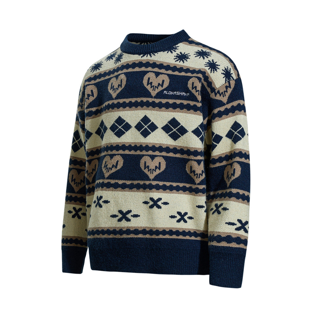 Herren Gemusterter Grobstrick-Pullover im Norwegerstil mit Rundhalsausschnitt Echoarchiv