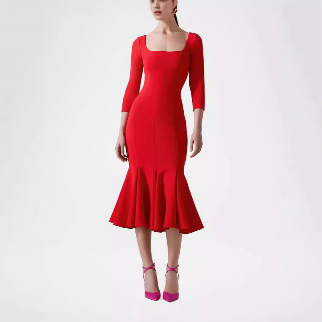 Damen Figurbetontes Midikleid mit quadratischem Ausschnitt und Meerjungfrauen-Saum Echoarchiv