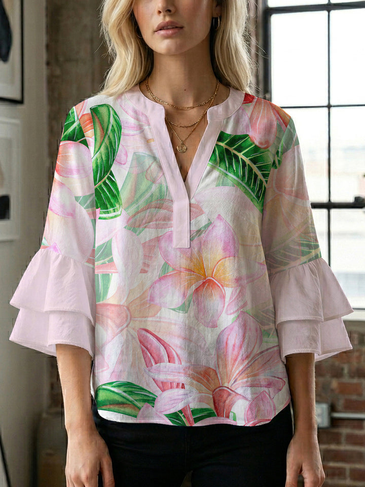 Damen Bluse mit voluminösen Rüschenärmeln und floralem Muster Echo Archiv