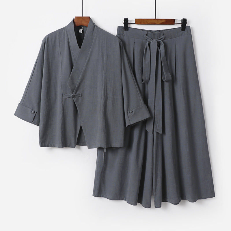 Damen Leichtes Kimono-Loungewear-Set mit V-Ausschnitt dreiviertelärmeln und weiten Palazzo-Hosen Echoarchiv