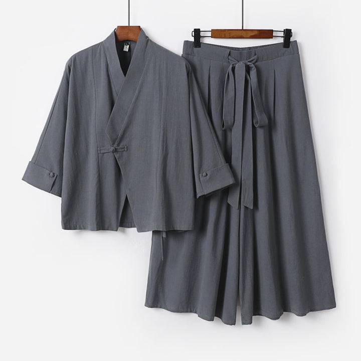 Damen Leichtes Kimono-Loungewear-Set mit V-Ausschnitt dreiviertelärmeln und weiten Palazzo-Hosen Echoarchiv