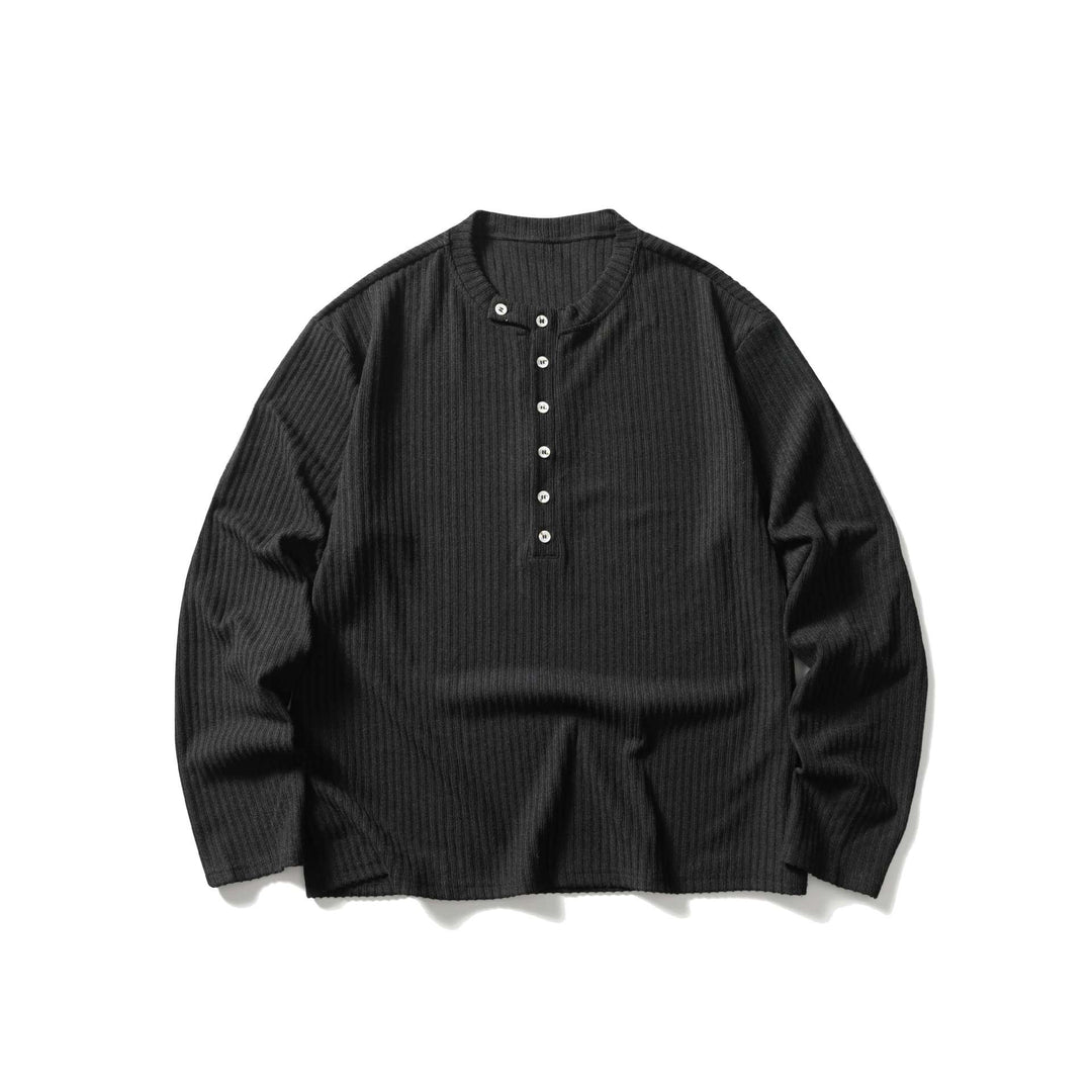 Unisex Gerippter Henley-Pullover mit Rundhals und durchgehender Knopfleiste Echoarchiv