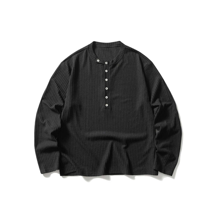 Unisex Gerippter Henley-Pullover mit Rundhals und durchgehender Knopfleiste Echoarchiv
