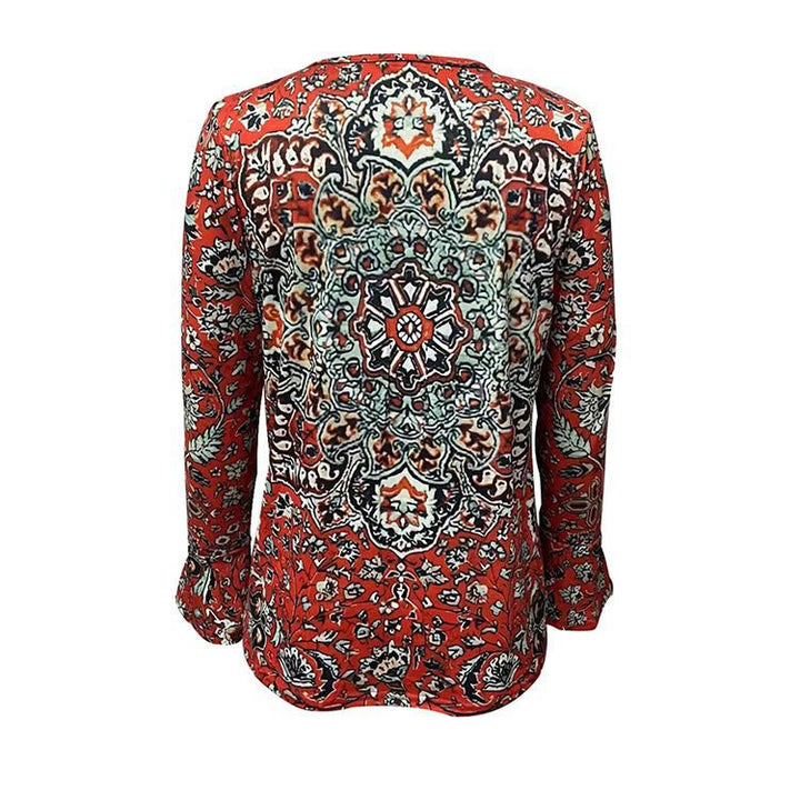 Damen Boho-Tunika-Bluse mit Mandala-Print, V-Ausschnitt und dreiviertel Ärmeln – Élovi