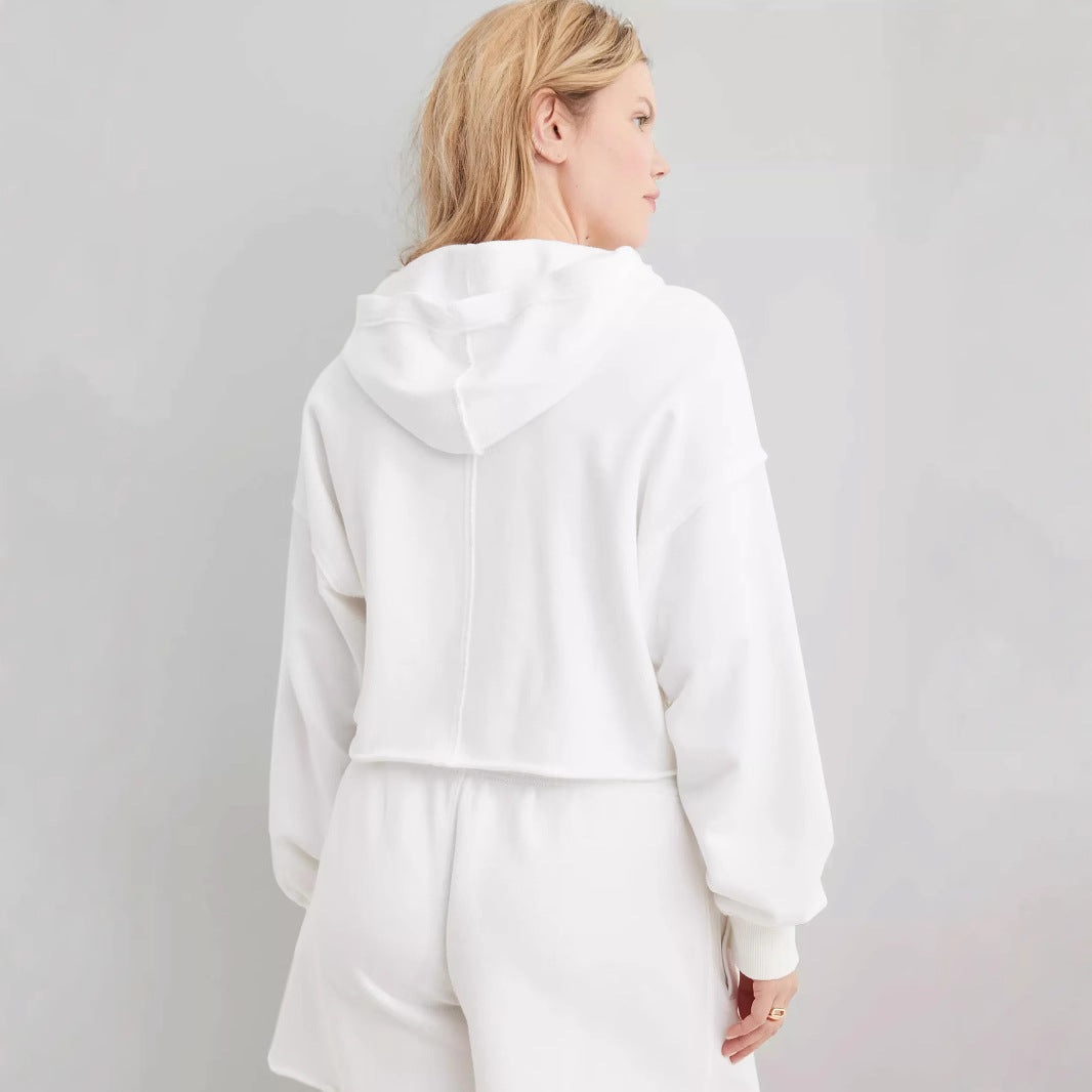 Damen Oversize Kapuzenpullover mit tiefem V-Ausschnitt, offener Knopfleiste und rohem Saum – Auréline