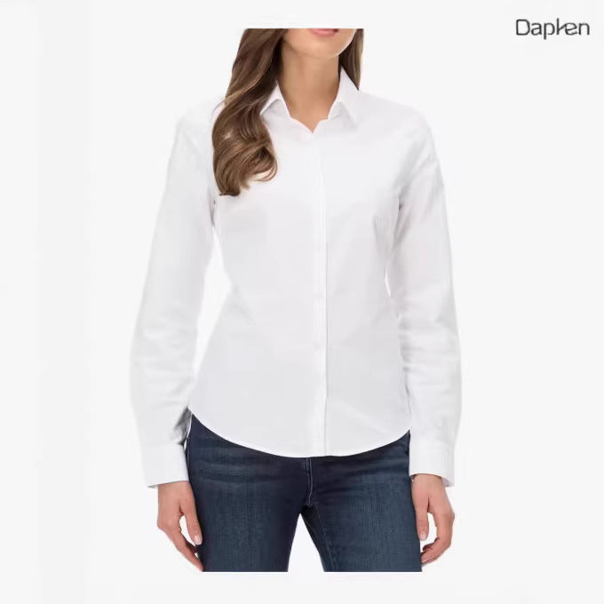 Damen Taillierte Baumwoll-Popeline-Bluse mit Kentkragen und verdeckter Knopfleiste – Avérine