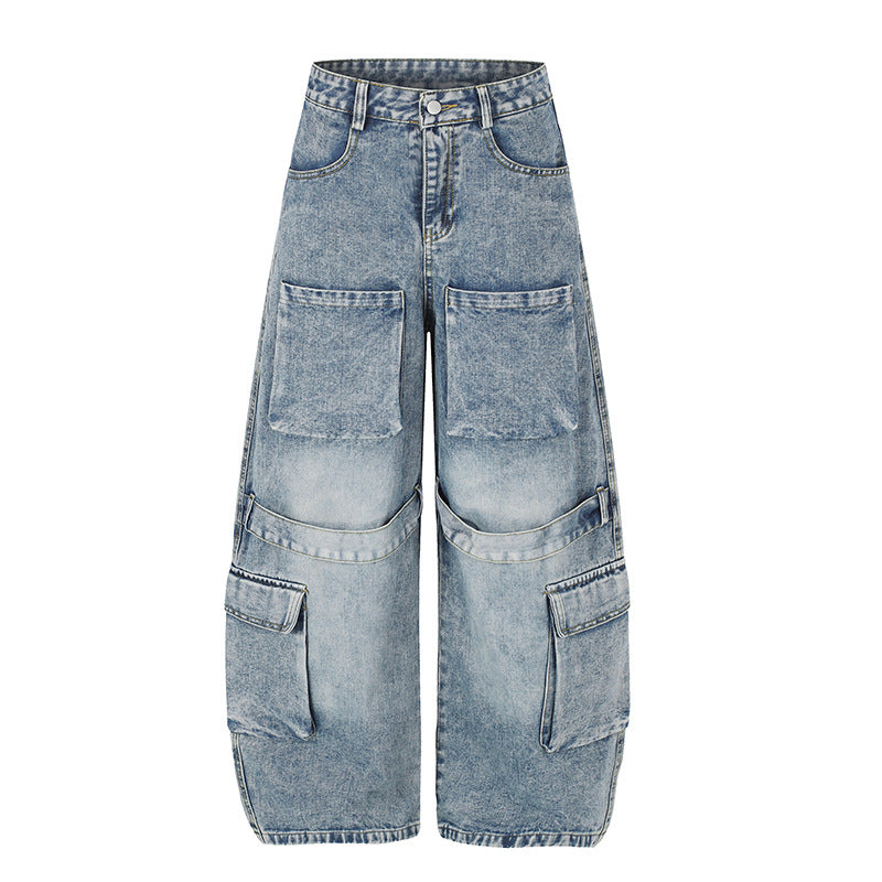 Damen Hochgeschnittene weite Cargo-Palazzo-Jeans mit großen aufgesetzten Taschen und Vintage-Waschung Echoarchiv