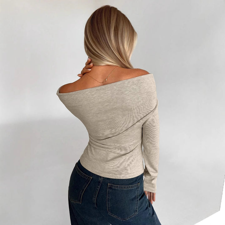 Damen Weiches Off-Shoulder Langarmshirt mit Wasserfallkragen und leichtem Stretch – Avérine