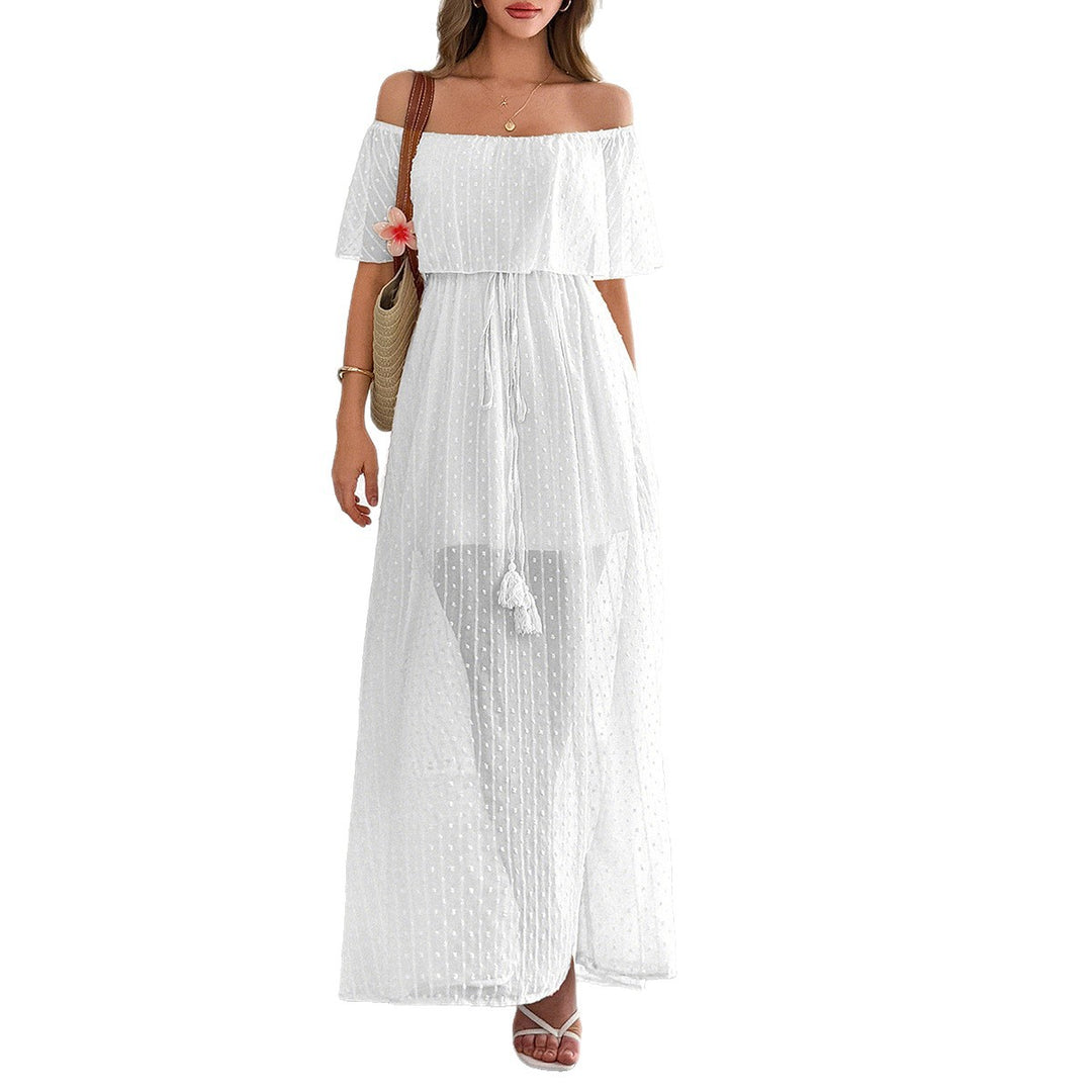 Damen Off-Shoulder Maxikleid mit feinem Punktedesign und Taillenbindung Echo Archiv