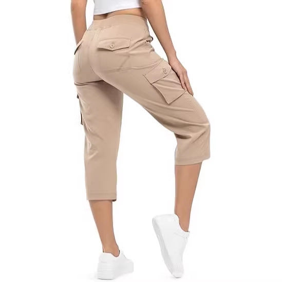Damen Capri Cargo-Hosen in Bermuda-Länge mit hoher Taille und aufgesetzten Klappentaschen Echoarchiv