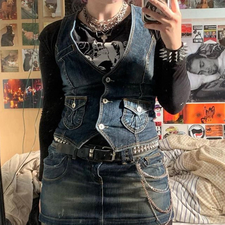 Damen Denim-Bustierjacke mit nostalgischem Spitzeneinsatz und dekorativen Knopfdetails Echo Archiv