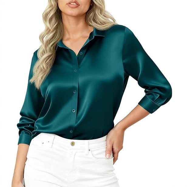 Damen Seidiges Satin-Blusenshirt mit Hemdkragen und dreiviertel Ärmeln – Élovi