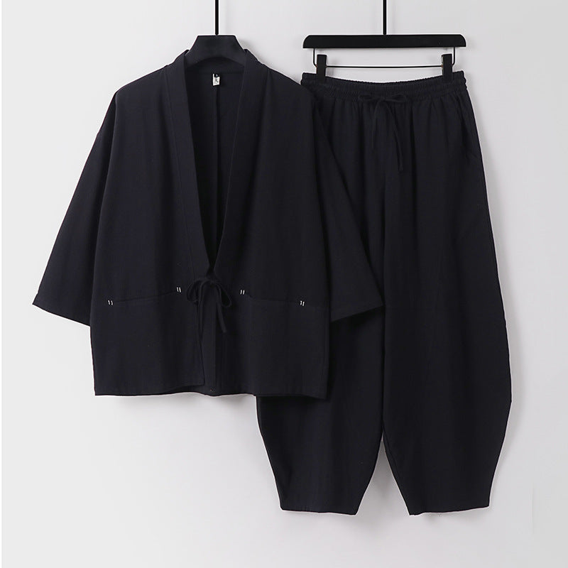 Unisex Modernes Kimono-Lounge-Set aus weichem Baumwollmix mit Kurzjacke, Tunnelzug-Hose und gerafften Knöcheln Echoarchiv