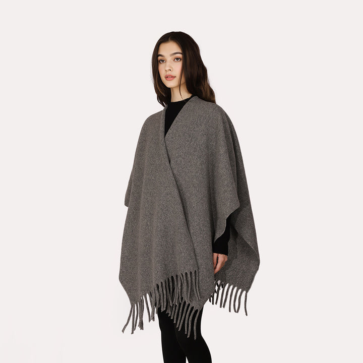 Damen Kaschmir‑Optik Capeponcho mit Fransen und offenem Oversize‑Schnitt Echo Archiv