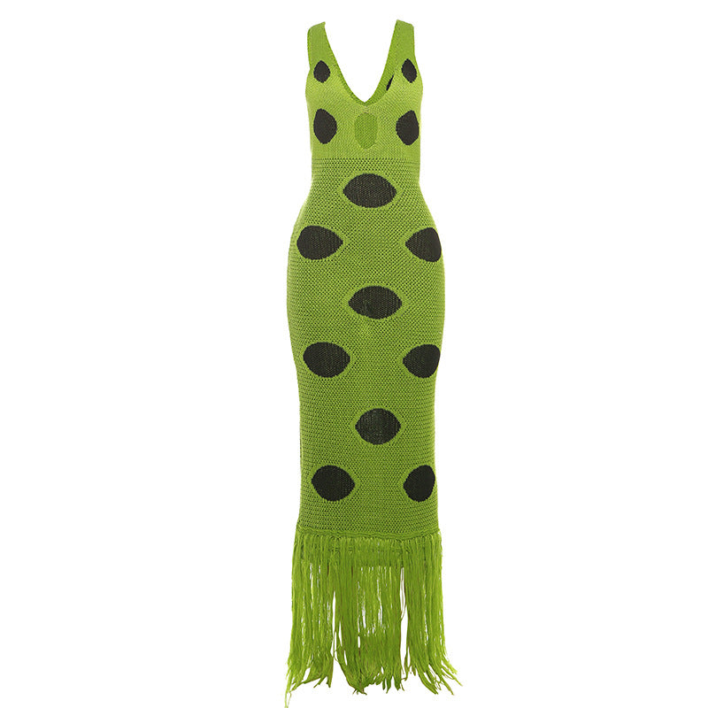 Damen Maxikleid mit tiefem V-Ausschnitt und fransigen Details Echo Archiv