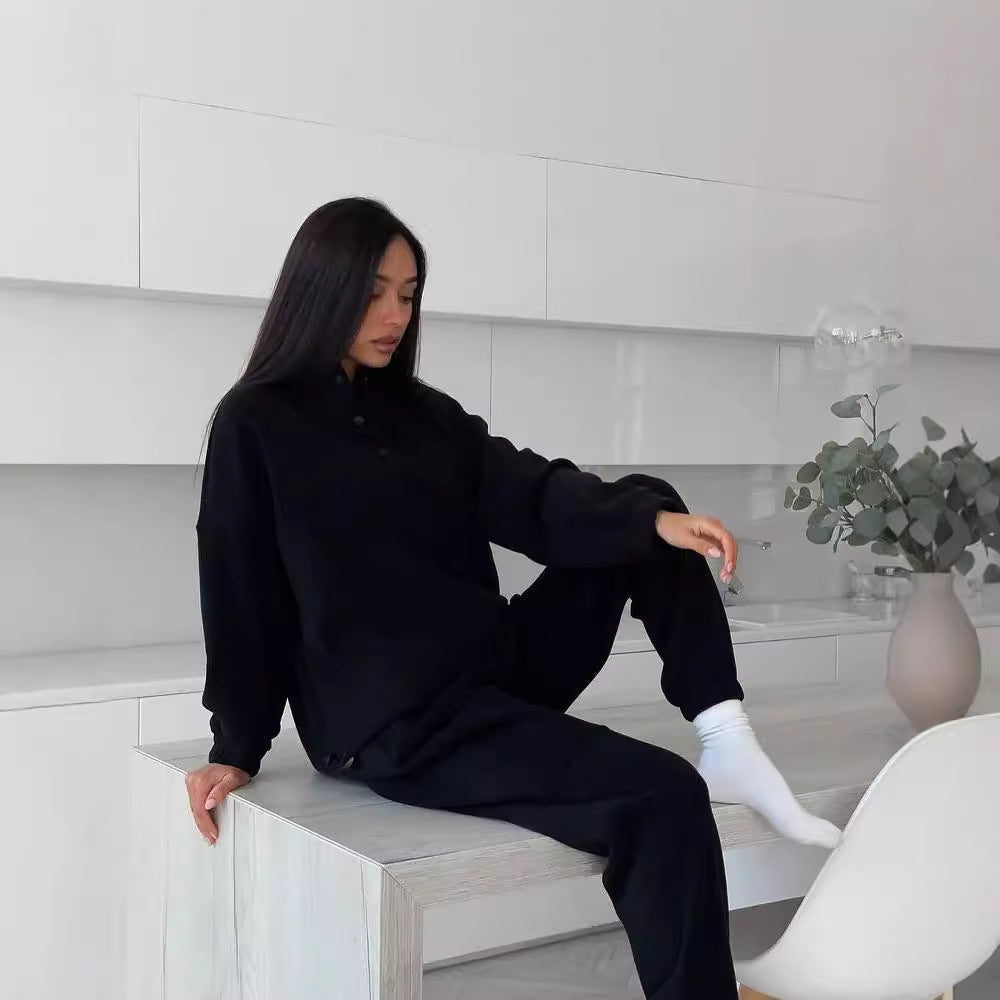 Damen Oversize-Fleece-Set mit Henley-Kragen und weicher Jogginghose Echoarchiv