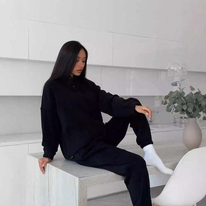 Damen Oversize-Fleece-Set mit Henley-Kragen und weicher Jogginghose Echoarchiv