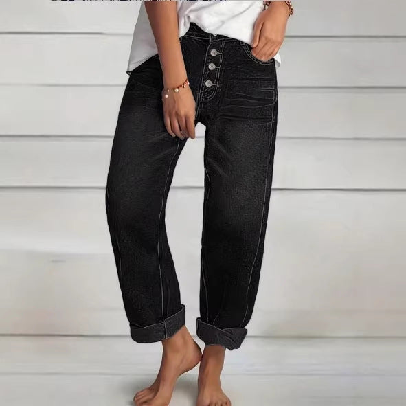 Damen High‑Waist Relaxed-Fit Jeans im Boyfriend-Stil mit Sichtbarer Knopfleiste und Aufgekrempeltem Saum Echo Archiv