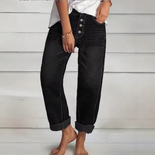Damen High‑Waist Relaxed-Fit Jeans im Boyfriend-Stil mit Sichtbarer Knopfleiste und Aufgekrempeltem Saum Echo Archiv