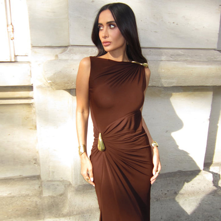 Damen Elegantes Maxikleid mit asymmetrischem Schnitt und drapiertem Detail Echo Archiv