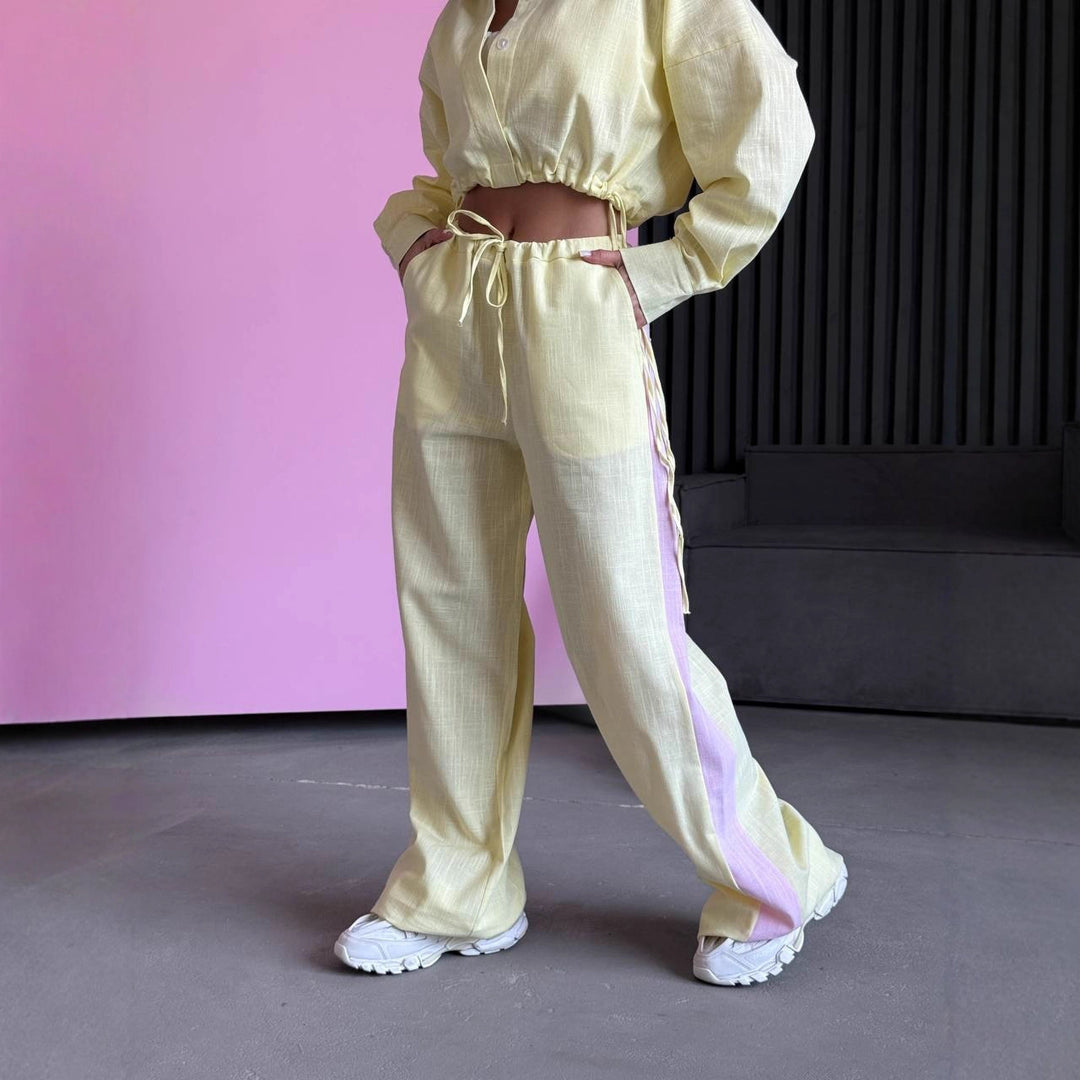Damen Zweiteiliges Baumwoll-Leinen-Loungewear-Set mit Cropped-Hemdbluse und weitem Tunnelzug-Hose – Élanora