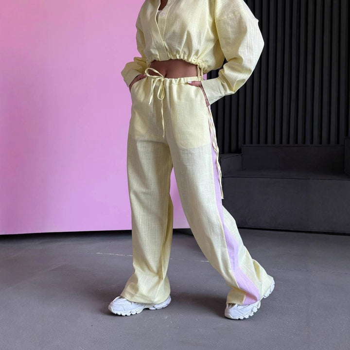 Damen Zweiteiliges Baumwoll-Leinen-Loungewear-Set mit Cropped-Hemdbluse und weitem Tunnelzug-Hose – Élanora