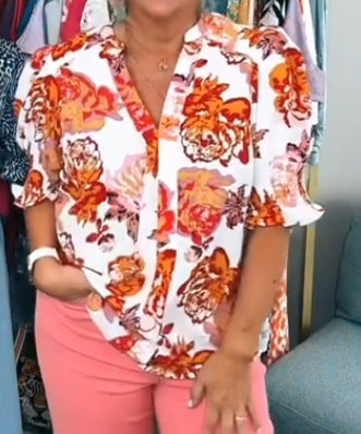 Damen nan lockere Bluse mit gerafften Puffärmeln und Knopfleiste Echo Archiv