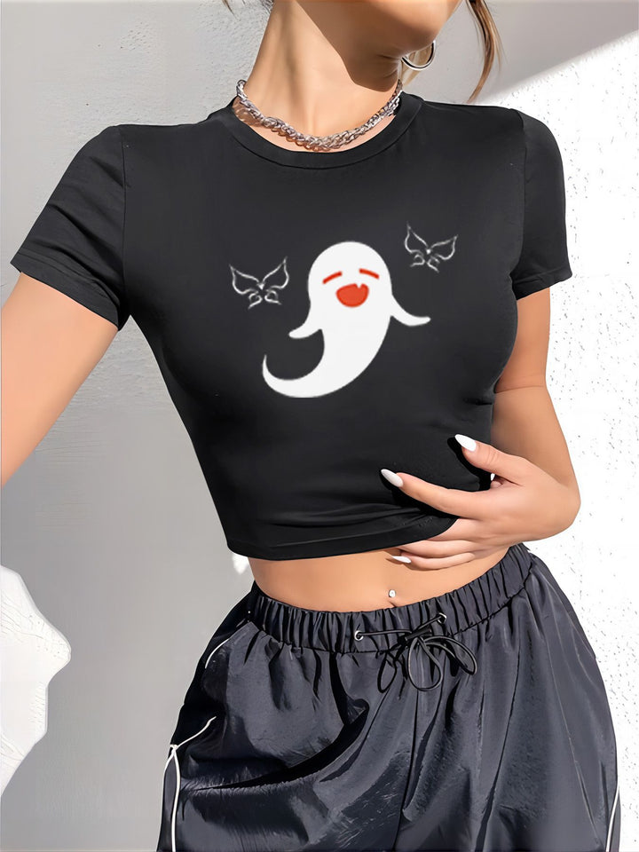 Damen cropped T-Shirt mit exklusivem Pferdemotiv und figurbetontem Schnitt Echo Archiv