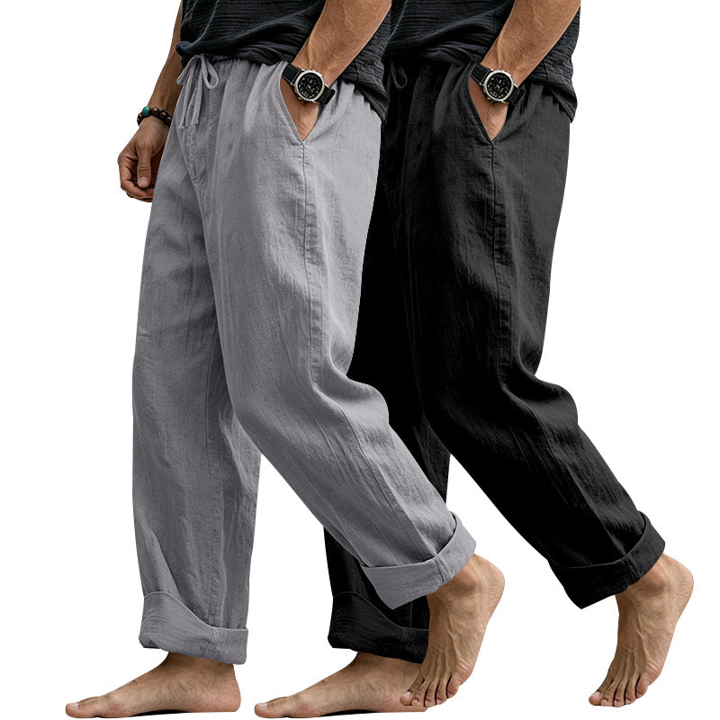 Herren Leinenmix-Loungehose mit elastischem Bund, Kordelzug und lockerer Passform Echoarchiv