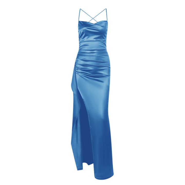 Damen elegantes Satin-Kleid mit tiefem Schlitz und verstellbaren Spaghetti-Trägern Echo Archiv