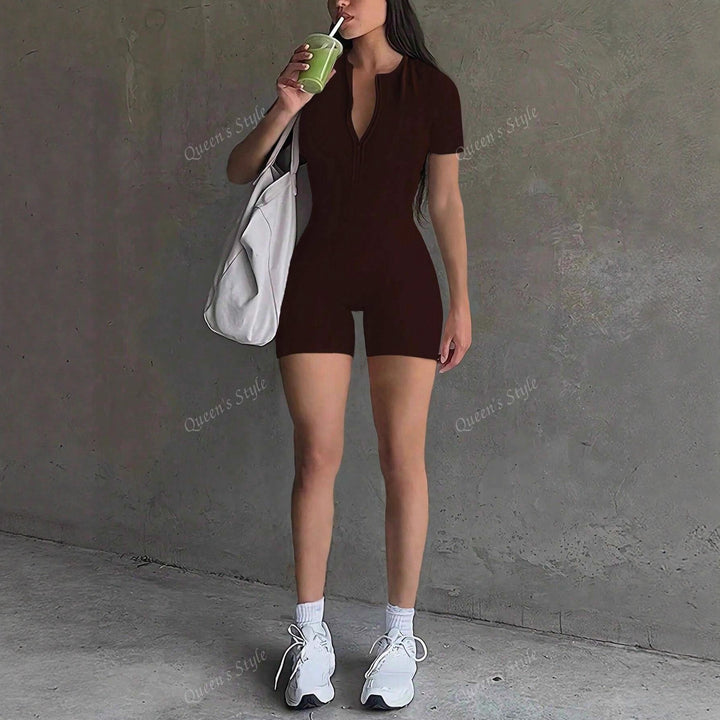 Damen Bodycon Jumpsuit mit kurzem Arm und Reißverschluss Echo Archiv
