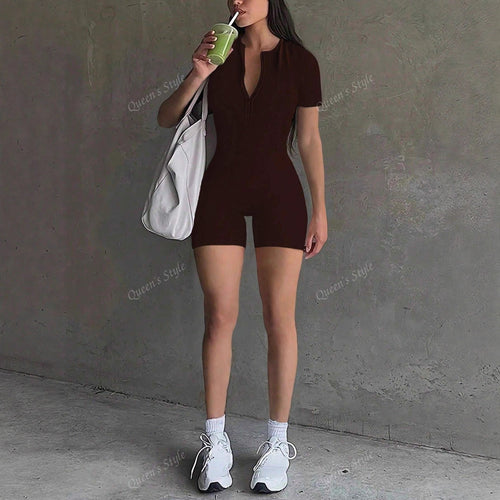 Damen Bodycon Jumpsuit mit kurzem Arm und Reißverschluss Echo Archiv